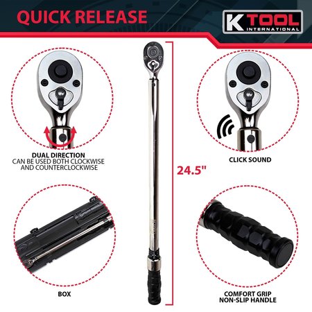 K-TOOL INTERNATIONAL Adjustable Ratcheting Torque Wrench Usa Made, 30-250 Ft/Lb, 1/2" Drive KTI72126A